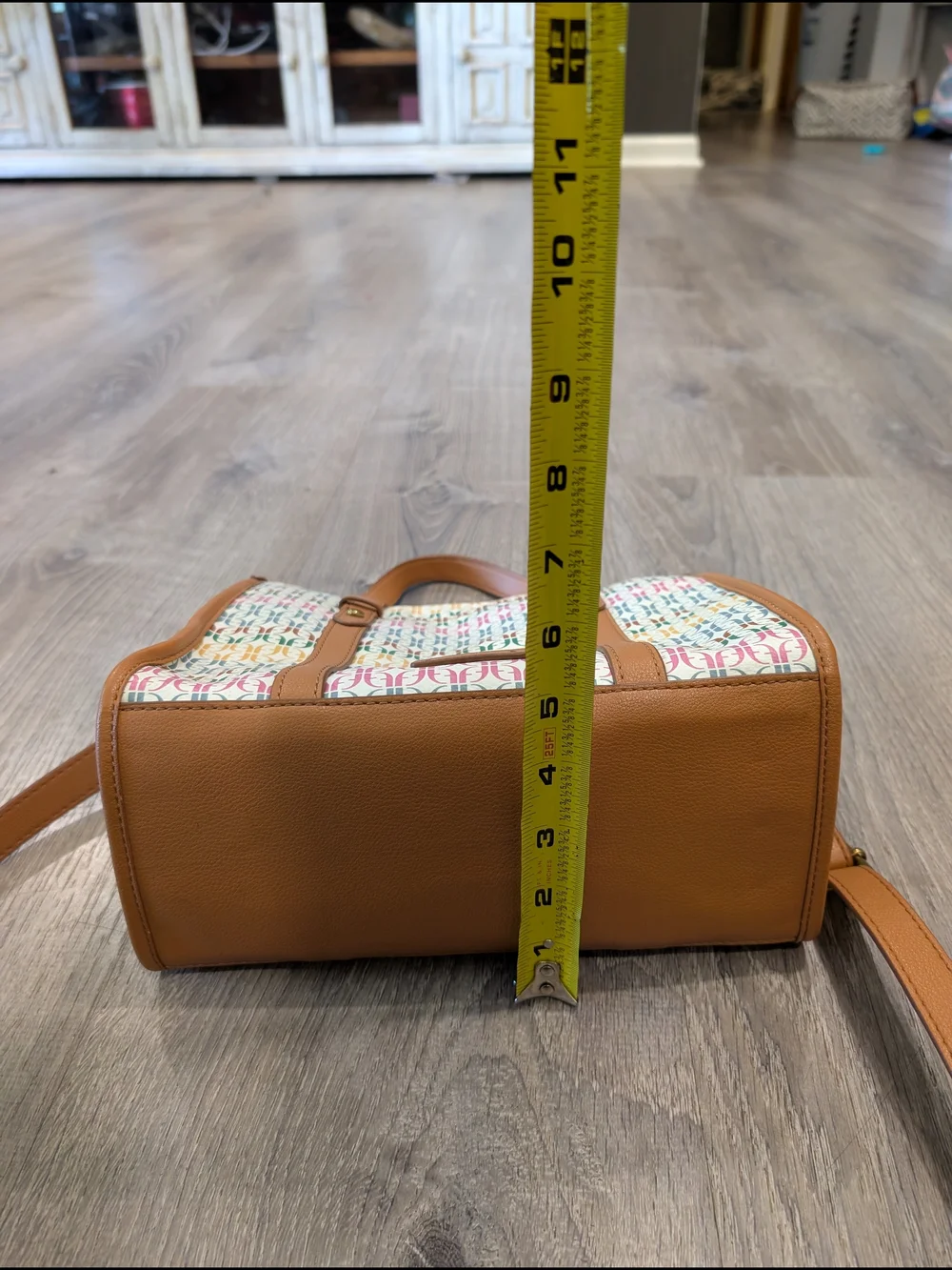 Fossil Kingston Monogram Canvas Leather Crossbody Bag Tote Neutral Multi Color